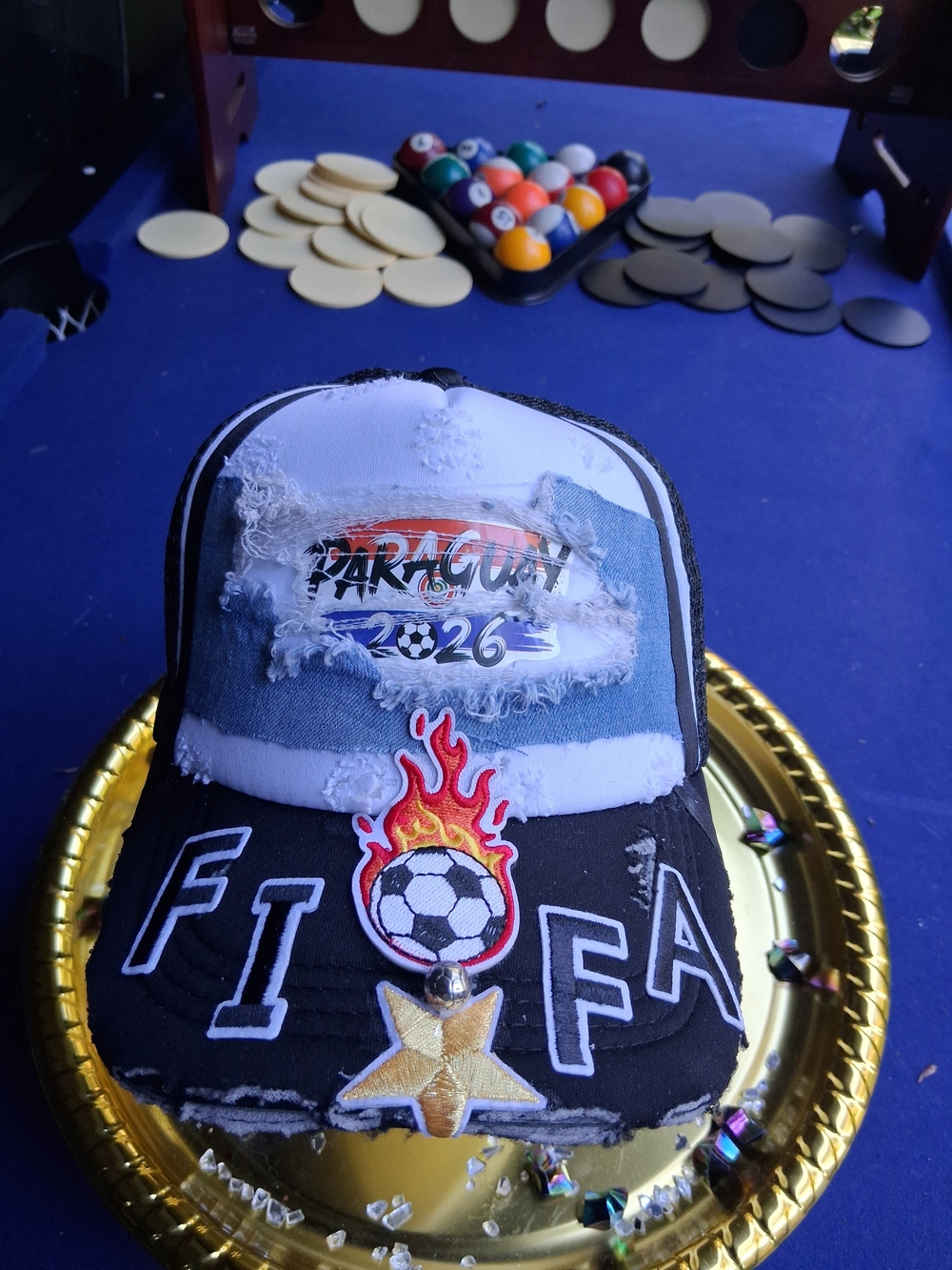 DIY Upcycled Paraguay FIFA '26 Soccer Patch Trucker Cap - Black/White with Denim
